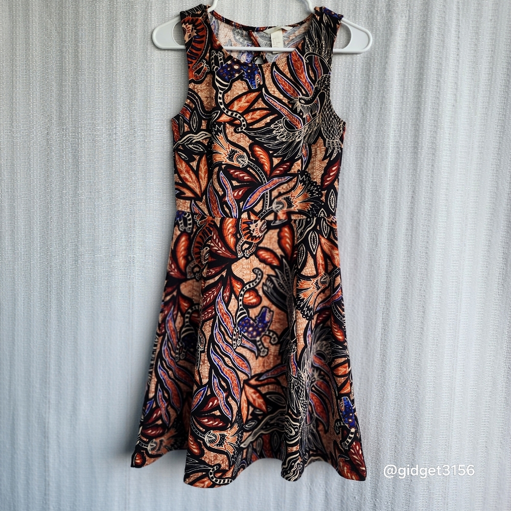 TROPICAL BLACK/ORANGE PRINT FIT & FLARE SKATER DRESS BY H & M - SIZE SMALL NWOT